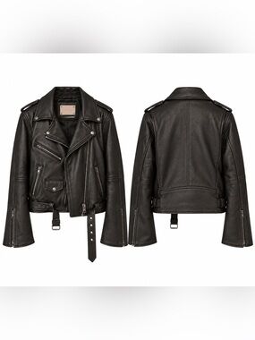 Womens Black Understated Leather Jacket with Belted Waist